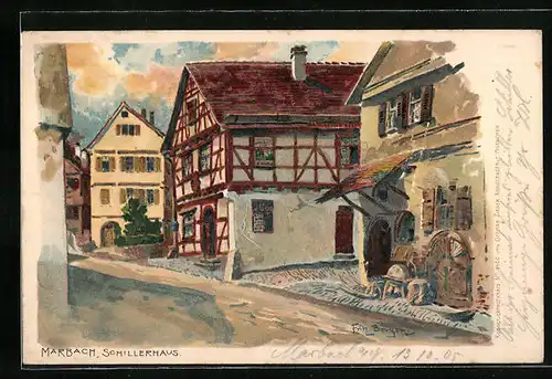 Künstler-AK Fritz Bergen: Marbach, Schillerhaus mit Strassenpartie