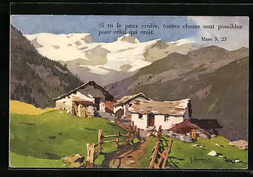 Künstler-AK S. Bonelli: Almhütten auf grüner Wiese vor Bergpanorama