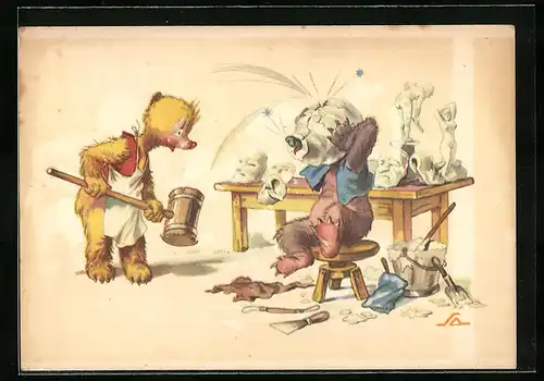 Künstler-AK Teddy beim Bildhauen im Atelier