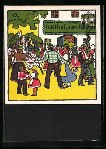 Künstler-AK Carl Camus: Tiroler Bauernleben, Festlichkeit am Gasthof zum Bären