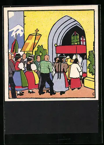 Künstler-AK Carl Camus: Tiroler Bauernleben, Prozession in der Kirche