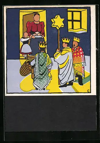 Künstler-AK Carl Camus: Tiroler Bauernleben, Heilige drei Könige an der Haustür