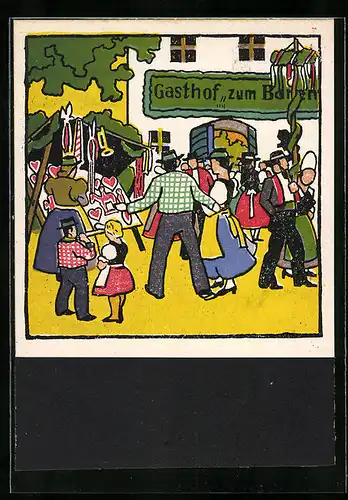 Künstler-AK Carl Camus: Tiroler Bauernleben, Festlichkeit am Gasthof zum Bären