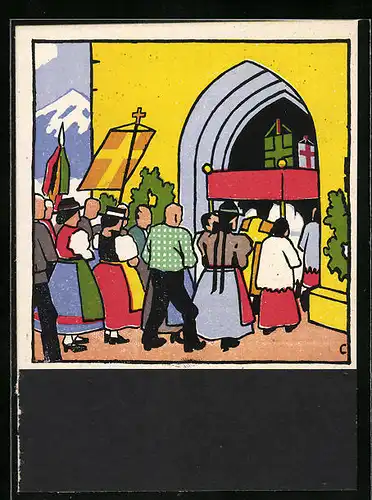 Künstler-AK Carl Camus: Tiroler Bauernleben, Prozession in der Kirche