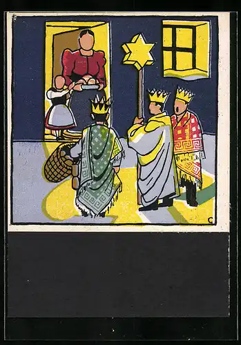 Künstler-AK Carl Camus: Tiroler Bauernleben, Heilige drei Könige an der Haustür