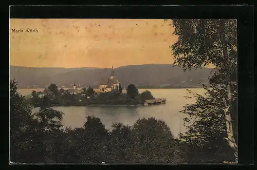 AK Maria Wörth, Blick auf die Insel mit Wallfahrtskirche