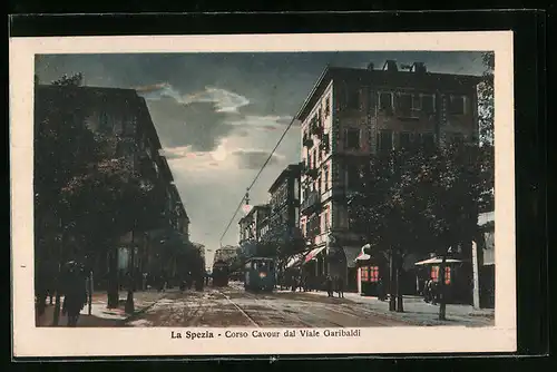 AK La Spezia, Corso Cavour dal Viale Garibaldi, Tramway