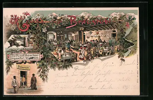 Lithographie Salzburg, Bräustübl mit Gästen