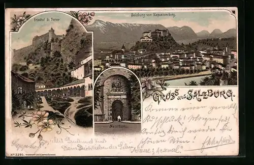 Lithographie Salzburg, Neuthor, Friedhof St. Peter