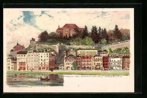 Lithographie Salzburg, Ausblick v. Gast- u. Brauhaus Zur Hölle