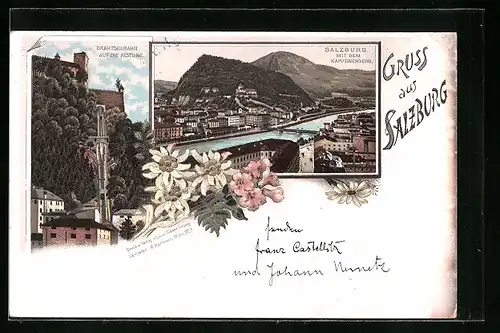 Vorläufer-Lithographie Salzburg, Totalansicht, Drahtseilbahn auf die Festung 1895