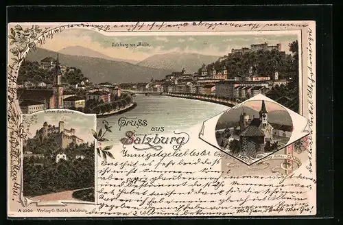 Lithographie Salzburg, Totalansicht mit Festung