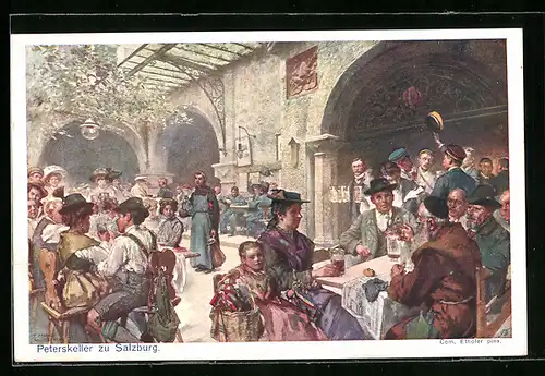 Künstler-AK Salzburg, Peterskeller mit Gästen
