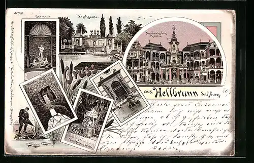 Lithographie Salzburg-Hellbrunn, Mechanisches Theater, Regengrotte