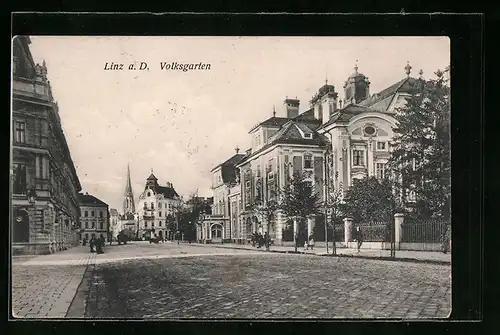 AK Linz a. D., Strassenpartie am Volksgarten