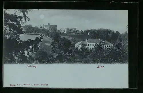 Mondschein-AK Linz a. d. D., Ortspartie mit Blick nach Freinberg