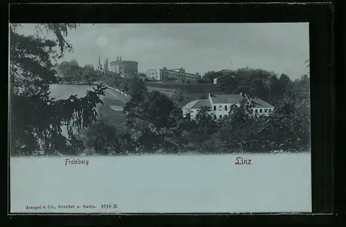 Mondschein-AK Linz a. d. D., Ortspartie mit Blick nach Freinberg