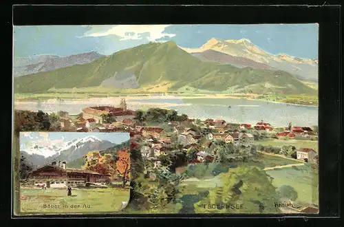 Künstler-AK Karl Heinisch: Tegernsee, Totalansicht, Bauer in der Au