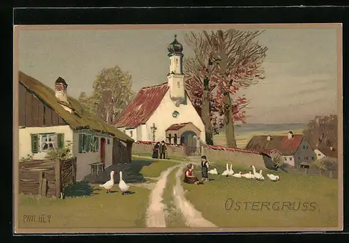 Künstler-Lithographie Paul Hey: Ostergrüsse mit Blick zur Kirche
