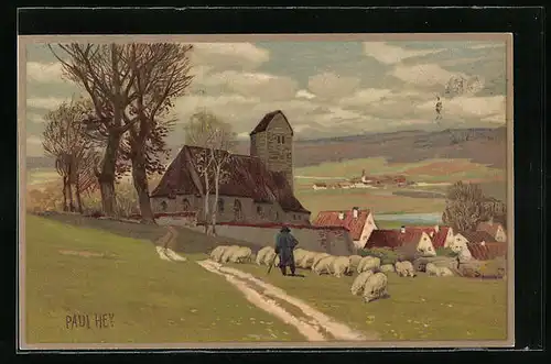 Künstler-Lithographie Paul Hey: Weidenende Schafherde vor der Gemeindekirche