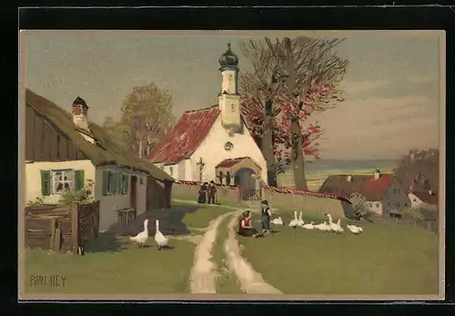 Künstler-Lithographie Paul Hey: Blick zur Gemeindekirche