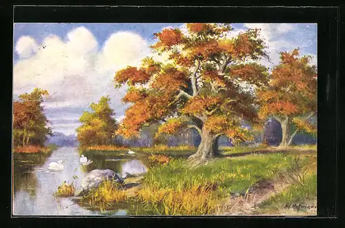 Künstler-AK Ad. Hoffmann: Schwanenteich in Herbststimmung