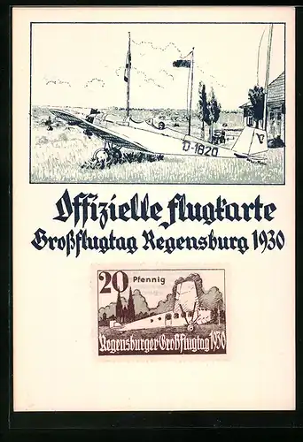 Künstler-AK Regensburg, Grossflugtag 1930, offizielle Flugkarte, Flugzeug