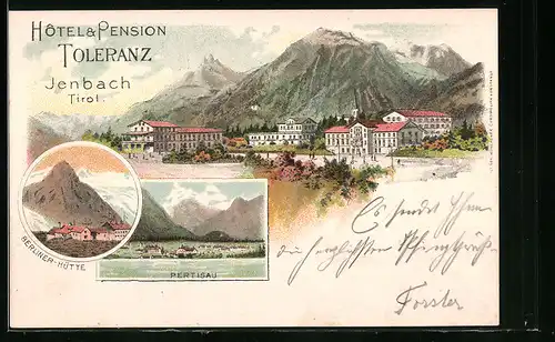 Lithographie Pertisau, Ortsansicht mit Berliner-Hütte