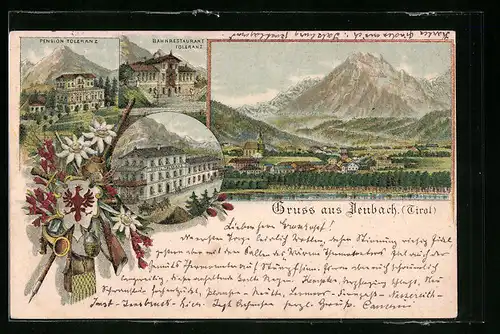 Lithographie Jenbach, Ortsansicht mit Pension Toleranz