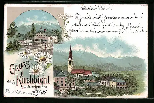 Lithographie Kirchbichl, Ortsansicht mit Kirche