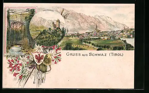 Lithographie Schwaz, Ortsansicht mit Freundsberg