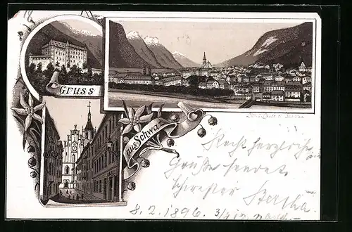 Lithographie Schwaz, Ortsansicht mit Kirche