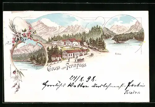 Lithographie Fernpass, Ortsansicht mit Gasthaus und Blindsee