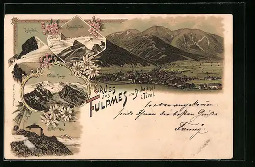 Lithographie Fulpmes, Totalansicht mit Zuckerhütl