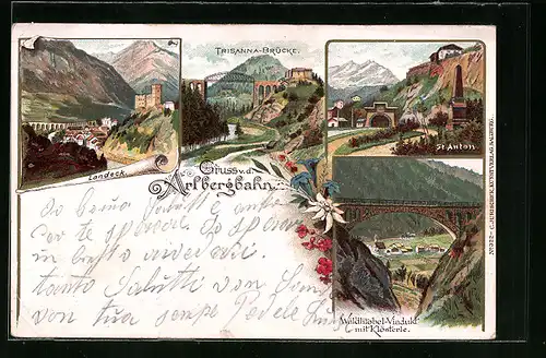 Lithographie St. Anton, Arlbergbahn mit Landeck und Trisanna-Brücke