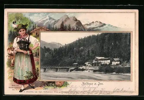 Passepartout-Lithographie Erl, Zollhaus am Inn