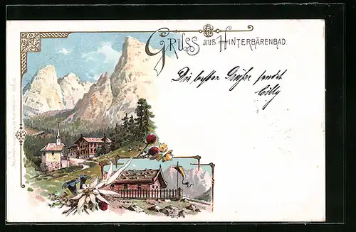 Lithographie Hinterbärenbad, Ortsansicht mit Gasthütte