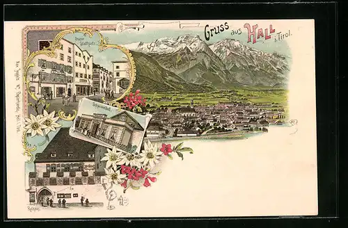 Lithographie Hall, Totalansicht mit Schwimmbad