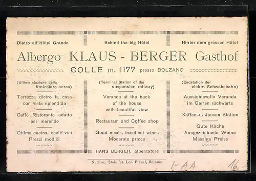 AK Colle b. Bolzano, Albergo Klaus-Berger