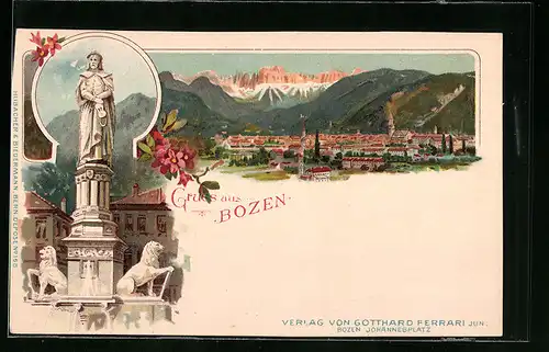 Lithographie Bozen, Denkmal für Walther von der Vogelweide, Panorama mit Rosengarten