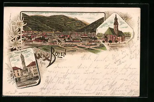 Lithographie Bozen, Walther Denkmal, Pfarrkirche, Panorama