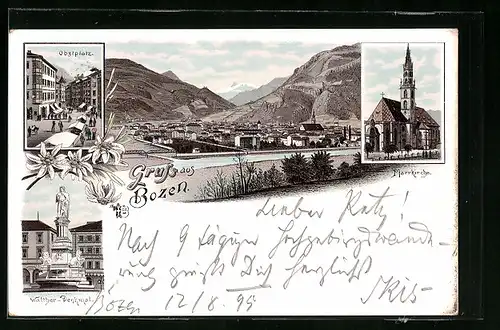 Lithographie Bozen, Obstplatz, Walther-Denkmal, Pfarrkirche