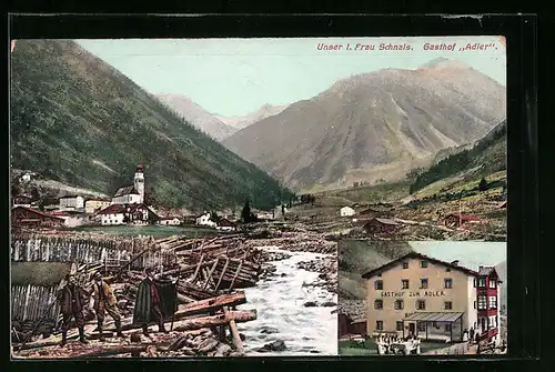 AK Unser Frau i. Schnalstal, Gasthof Adler, Ortsansicht mit Bergen