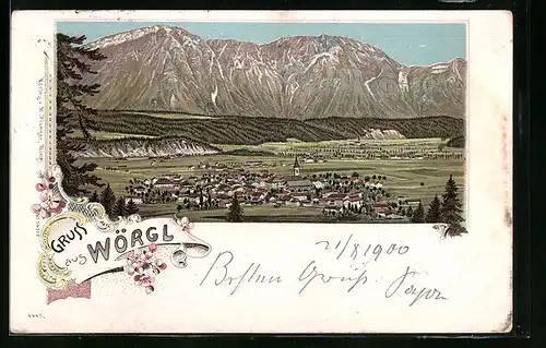 Lithographie Wörgl, Panoramablick auf Dorf und Gebirge