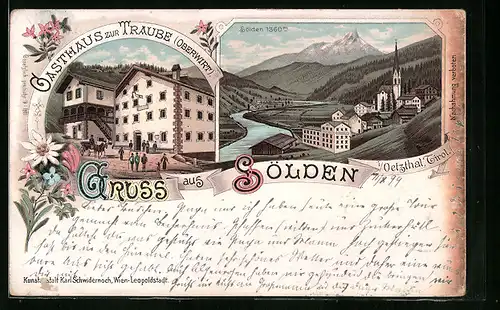 Lithographie Sölden /Oetzthal, Gasthaus zur Traube, Ortsansicht