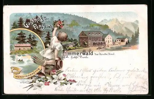 Lithographie Ammerwald bei Reutte, Gasthof und Pension Hundingshütte