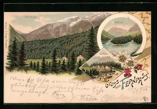 Lithographie Fernpass, Gasthaus auf der Passhöhe, Blindsee