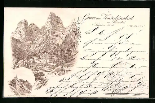 Lithographie Hinterbärenbad im Kaiserthal, Gasthaus gegen die Berge, Hohe Halt