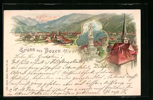 Lithographie Bozen, Walther-Denkmal, Blick über die Dächer der Stadt