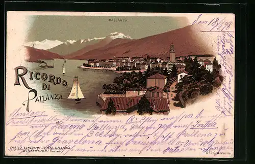 Lithographie Pallanza, Panorama mit Ort, See und Gebirge